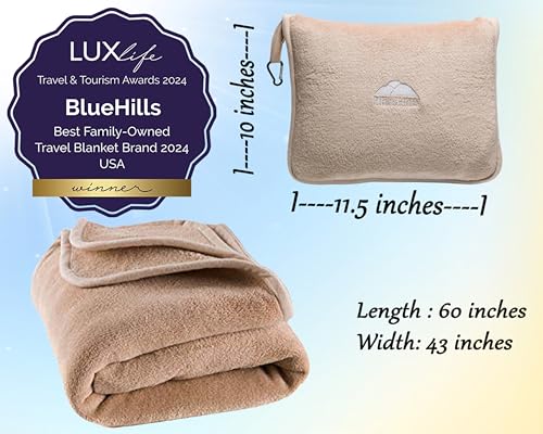 BlueHills Premium Soft Travel Blanket Pillow Airplane Throws Packable Beige - color: Beige-1pk-t005
