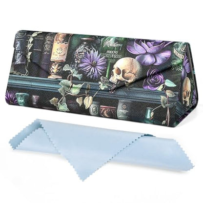 Sunglasses Case, Foldable Glasses Case, Magnetic PU Leather Hard Shell Folding Eyeglass Holder Box - color: Skull Bookself