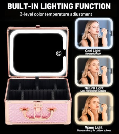 Makeup Case with LED Mirror, Portable Lockable Vanity Case,Sparkling Pink - color: Sparkling Pink