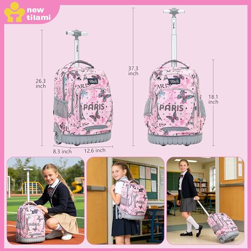 NEW TILAMI 18 Inch Rolling Backpack with Lunch Bag for Girls Boys School - color: Pink Paris