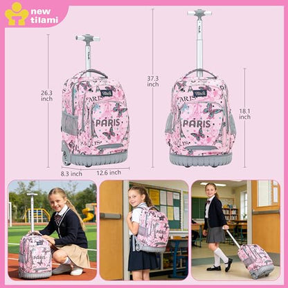 NEW TILAMI 18 Inch Rolling Backpack with Lunch Bag for Girls Boys School - color: Pink Paris
