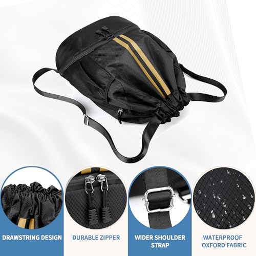 JELUTAR Drawstring Backpack Gym Bag with Shoes Pocket, Black Gold - color: Black Gold, size: Large