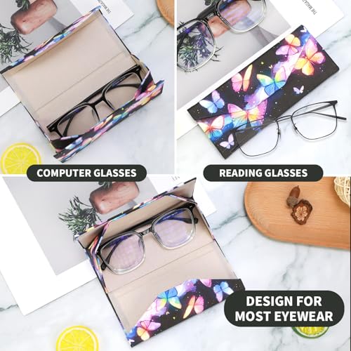 Foldable Glasses Case, Magnetic PU Leahter Sunglasses Case, Cute Hard Shell Folding Eyeglass Cases for Women Kids - color: Multicolor Butterfly