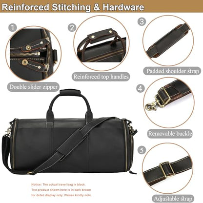 Full Grain Leather Duffel Bag for Men, 2-in-1 Garment Travel Bag with Shoe Compartment, Weekender Overnight Bag for Business Trip, Black - color: Y2a201FMY - Black