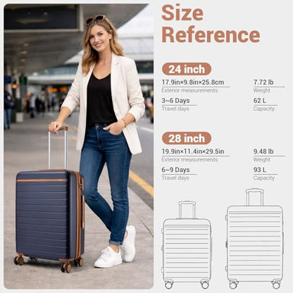 Kono Large Suitcase 28in Expandable ABS+PC 8pcs Silent Wheels Navy/Brown - color: Navy, size: Checked-Large 28-Inch