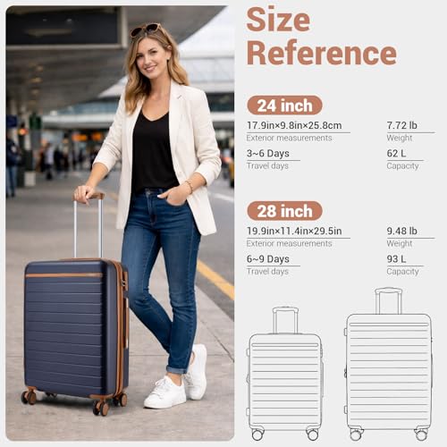 Kono Checked Suitcase 24in Expandable ABS+PC Side Handles luggage Navy - color: Navy, size: Checked-Medium 24-Inch