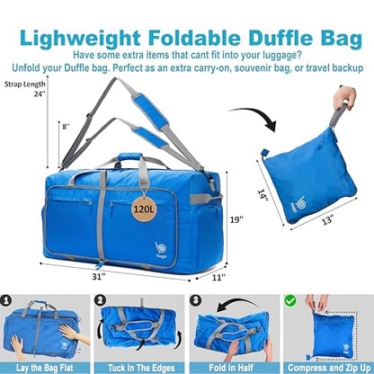 Bago Travel Duffle Bag for Women & Men. Extra Large Foldable Duffel Bags - color: Blue, size: 120L