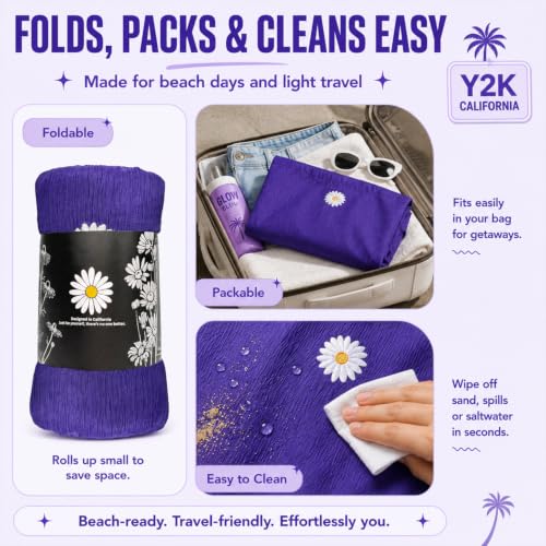 CYD Beach Bag for Women, Cute Soft Tote with Long Strap, Lightweight, Packable Summer Carryall with Pockets - color: Midnight Black + Lavender Purple
