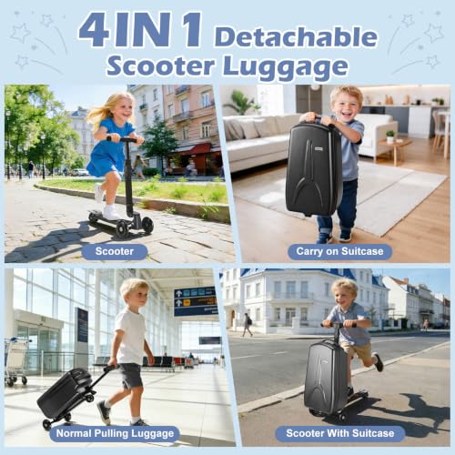 Scooter Luggage for Kids Removable & Foldable Ride on Suitcase-Black - color: Black