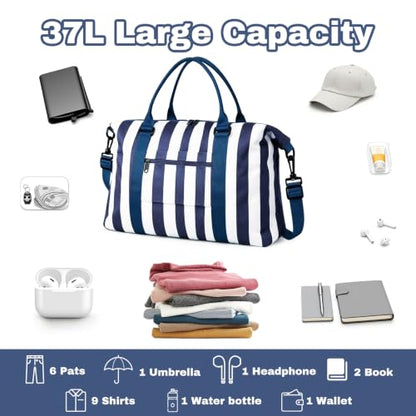 Travel Duffle Bag for Women, Carry On Weekender Tote with Trolley Sleeve - color: Navy Blue White