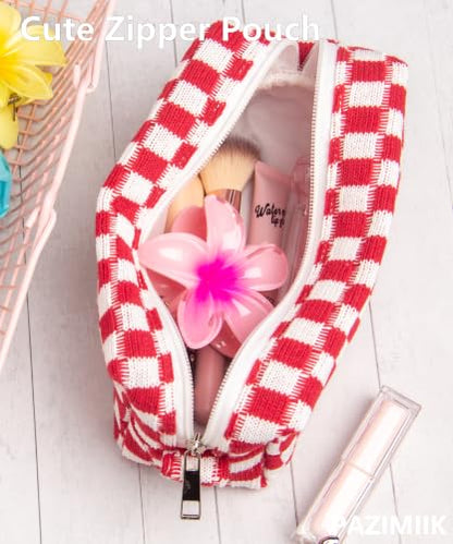 Checkered Makeup Bag for Purse, Small Travel Cosmetic Pouch,Christmas Red - color: Christmas Red