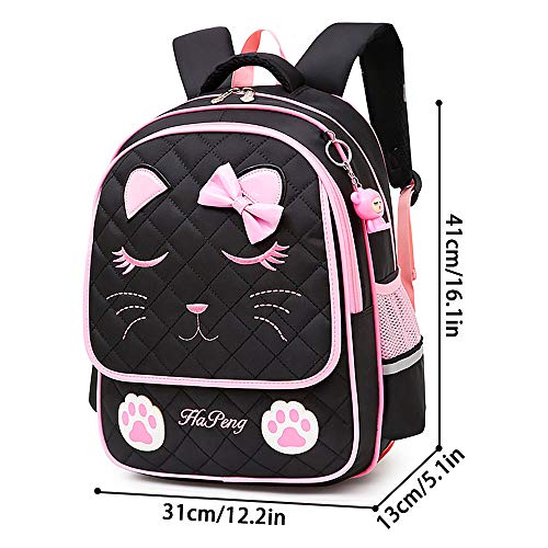 Cat Black School Backpack for 8-16 Year Old Girls, Cute Elementary School Bags Bookbags for Kids - color: Black