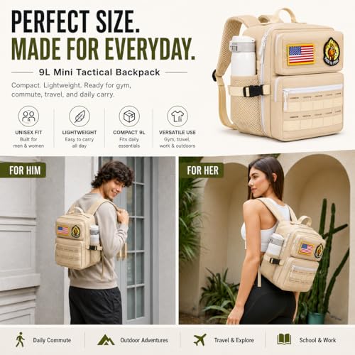 9L Mini Tactical Backpack for Men and Women, Gym Hiking Travel Daypack - color: Beige