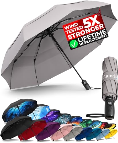 TUMELLA Strongest Windproof Travel Umbrella (Compact, 100MPH Wind-Tested), Light, Portable, One-Handed Use, Automatic Folding Rain Umbrella, Durable, Premium Grip, Fits Car & Backpack - color: 1-pack Gray