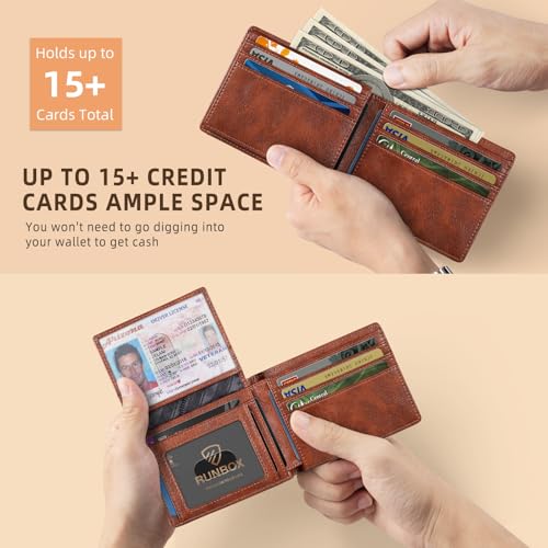 RUNBOX Wallet for Men -Slim Rfid Leather Mens Bifold Novelty Wallets 2 ID Window With Gift Box Men's Accessories - color: RETRO RED BROWN