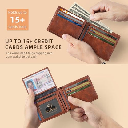 RUNBOX Wallet for Men -Slim Rfid Leather Mens Bifold Novelty Wallets 2 ID Window With Gift Box Men's Accessories - color: RETRO RED BROWN