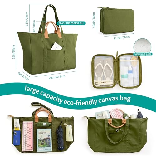 20" 12 Gal Extra Large Canvas Travel Tote Bag with Zipper - color: Green