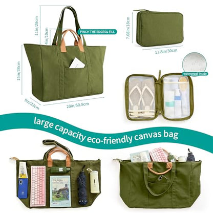 20" 12 Gal Extra Large Canvas Travel Tote Bag with Zipper - color: Green