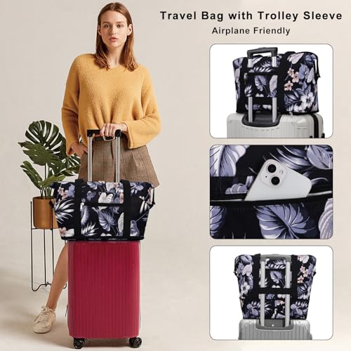 Expandable Duffel Bag for Women with Trolley Sleeve/Wet Pocket Weekender Travel Tote Large Carry On Overnight Luggage - color: Hibiscus