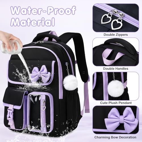 GeeWin Girls Backpack for School Cute Bow with Lunch Box & Pencil Case Set - color: Black Purple
