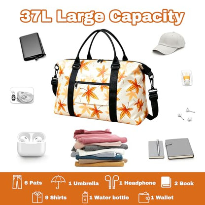Travel Duffle Bag for Women, Carry On Weekender Tote with Trolley Sleeve - color: Maple Leaf