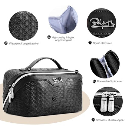 BOYATU Travel Makeup Bag for Women: Four Leaf Clover 3 Pcs Set Cosmetic Bag - color: M-06Black
