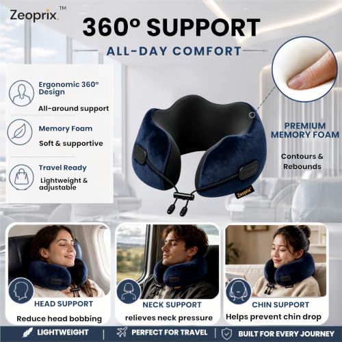 Memory Foam Neck Pillow for Travel, Airplane Pillow, Navy Blue - color: Navy Blue