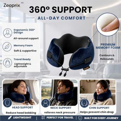 Memory Foam Neck Pillow for Travel, Airplane Pillow, Navy Blue - color: Navy Blue