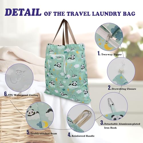 Foldable Travel Laundry Bag with Handle and Drawstring, 2 Pack Expandable Dirty Clothes Bags with Aluminum Carabiner and Zipper, Lightweight Laundry Hamper Liner for Travel, Camp, 20*19 inch - color: Panda & Koala