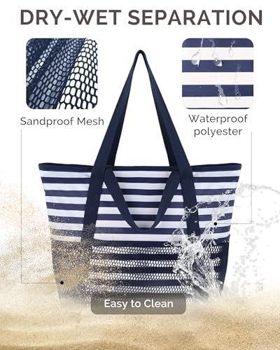HOMESPON Beach Bag Large Waterproof Sandproof Tote for Women with Zipper and Mesh Pockets - color: Blue Stripes, size: Medium