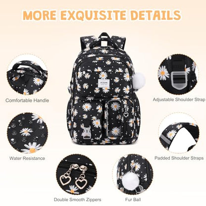 ACESAK Backpack for Girls with Tote Bag (Black Daisy) - color: Black Daisy