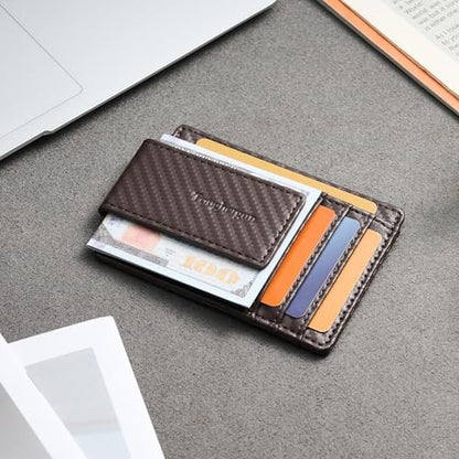 Toughergun Slim Wallet for Men RFID Blocking Money Clip, Minimalist Front Pocket Credit Card Holder, Magnetic Thin Mens Wallets with ID Window - color: Glossy Weave Brown