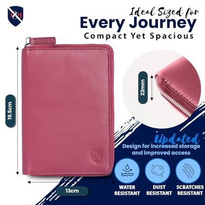 ALLEN & MATE Leather Passport Holder for Travel, RFID Zip Travel Wallet - color: Maroon