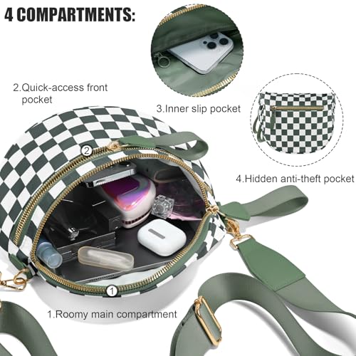 Checkered Crossbody Bags for Women, Large Nylon Bum Bags - color: Beans Green Checkered