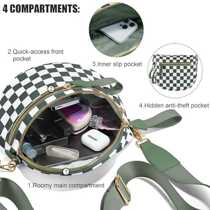 Checkered Crossbody Bags for Women, Large Nylon Bum Bags - color: Beans Green Checkered