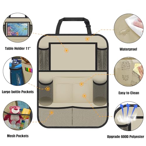 Backseat Car Organizer w/ 10 Storage Pockets 11" Tablet Holder, 2 PCS Beige - color: Beige