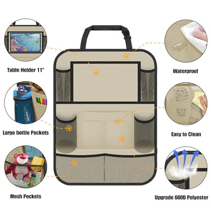 Backseat Car Organizer w/ 10 Storage Pockets 11" Tablet Holder, 2 PCS Beige - color: Beige