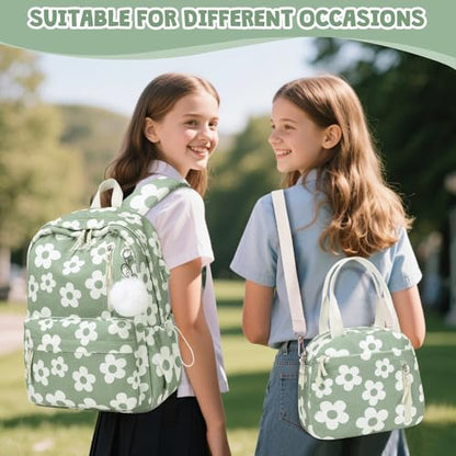 ACESAK 3PCS Corduroy Girls Backpack w/Lunch Box & Pencil Bag (Green Flower) - color: Green Flower