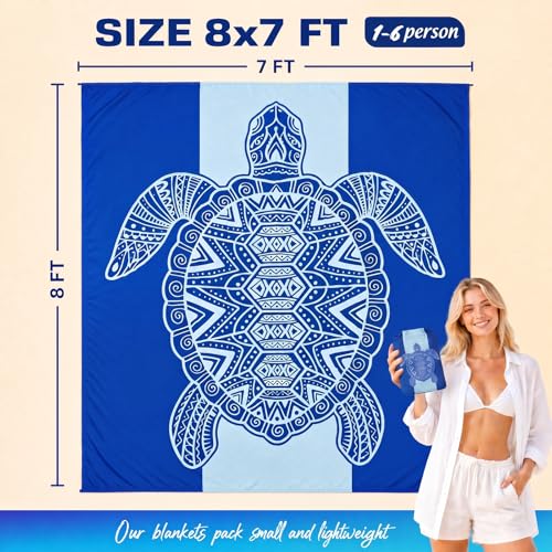 Beach Blanket Waterproof Sandproof with Stakes,Sand Pockets and Carry bag - color: Blue Seaturtle