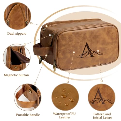 Travel Toiletry Bag For Mens PU Leather Engraved Initials (Yellow Brown D) - color: Brown, style: D
