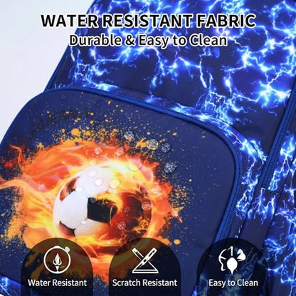Boys Backpack Set 3PCS Ages 6-12, Kids School Backpack - color: Flame Soccer Blue