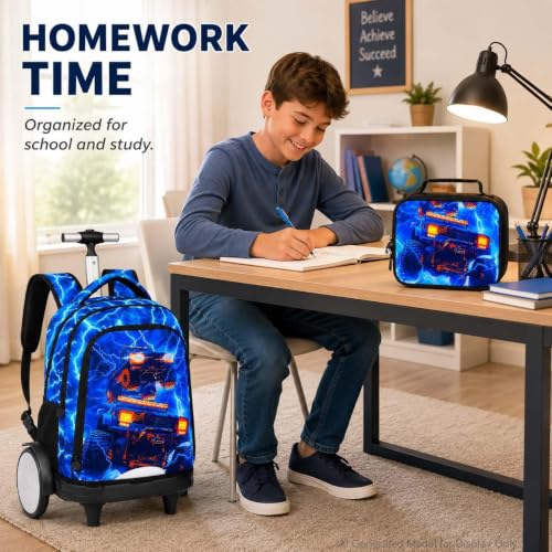 20 Inches Large Wheels Rolling Backpack for Boys with Detachable, 3Pcs Kids Lightning Truck Wheeled Backpack Set for Elementary School (Blue) - color: Lightning Dual-cab Truck (Large Wheels)