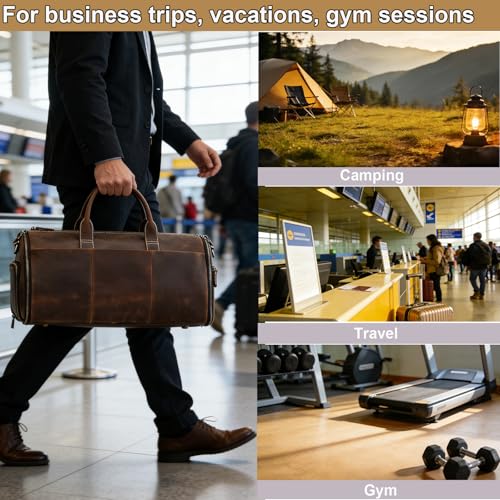 Full Grain Genuine Leather 2-in-1 Garment Dufflel Bag for Men Foldable Suit Carrier with Independent Shoe Compartment, Large Capacity Weekender Overnight Travel Bag for Business Trips, Coffee - color: Y2201FMY - Coffee