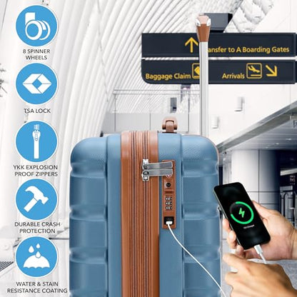 Flight Knight 21.5x15.5x9 Expandable Carry On Suitcase Hardside TSA Lock & USB C Port Lightweight Luggage Silent Double Spinner Wheels Maximum Canada Air Overhead Bag Airlines Approved Blue/Tan - color: Blue/Tan, size: 21.5x15.5x9"