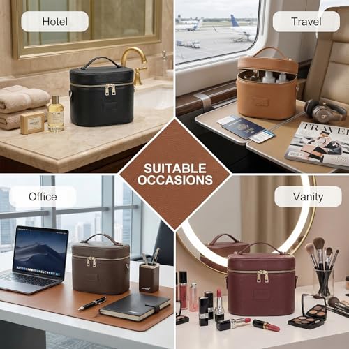BAGOK Leather Vanity Case Makeup Bag with Removable Divider, Washable Compartments, Dual Zipper & Carry Handle – Travel Toiletry Organizer for Women - color: Brown
