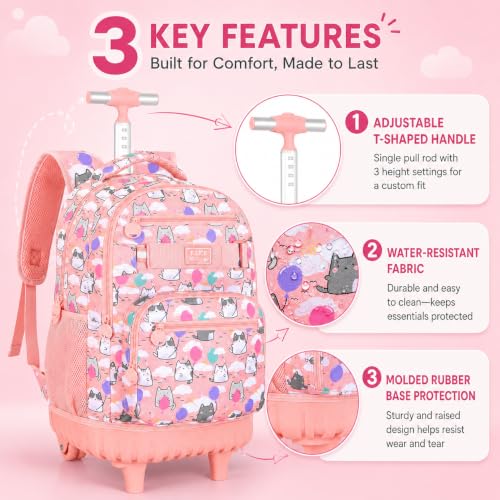 KLFVB Girls Rolling Backpack, 3PCS Womens Roller Bookbag with Lunch Bag for Kids, Wheeled School Bag for Children - Pink Cloud Cat - color: Pink Cloud Cat