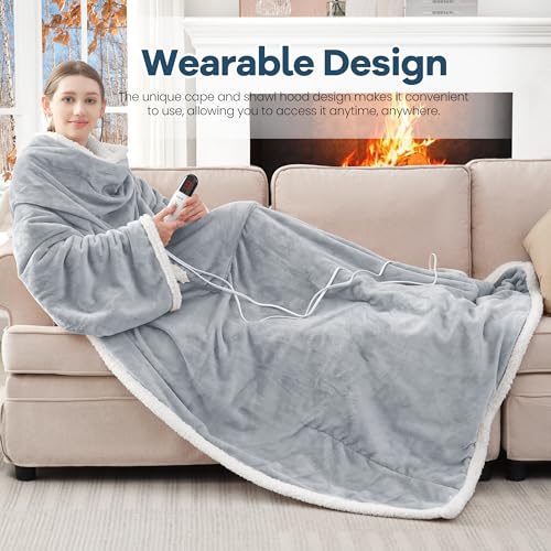 MAXEVE Heated Wearable Blanket with Foot Pocket & Sleeves Electric Snuggle - color: Light Grey, size: Long