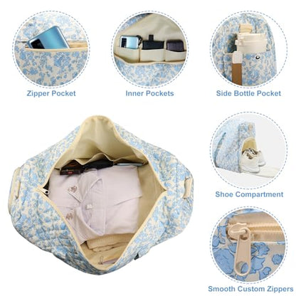 Large Quilted Travel Duffel Bag,Weekender bag with Shoe Compartment - color: Blue Floral