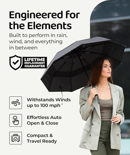 Windproof Travel Umbrella - Compact & Withstands Winds up to 100MPH, Strongest Premium Auto Folding Umbrella for Rain and Sun - Durable, Light & Portable for Women & Men, Fits Backpack & Cars - color: Black 2-Pack