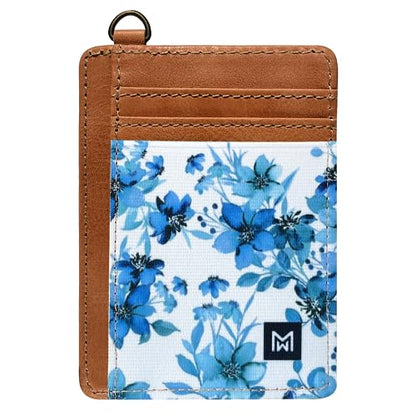 Credit Card Holder Wallet Women RFID Blocking Slim Wallet Front Pocket - color: Blue Flowers